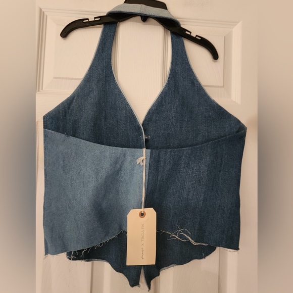 Free People Tricia Fix Split Denim Vest Halter Top Women’s Blue Size Medium - Picture 6 of 12